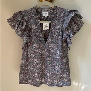 Sundays Gray Ruffled Flutter Sleeve Blouse